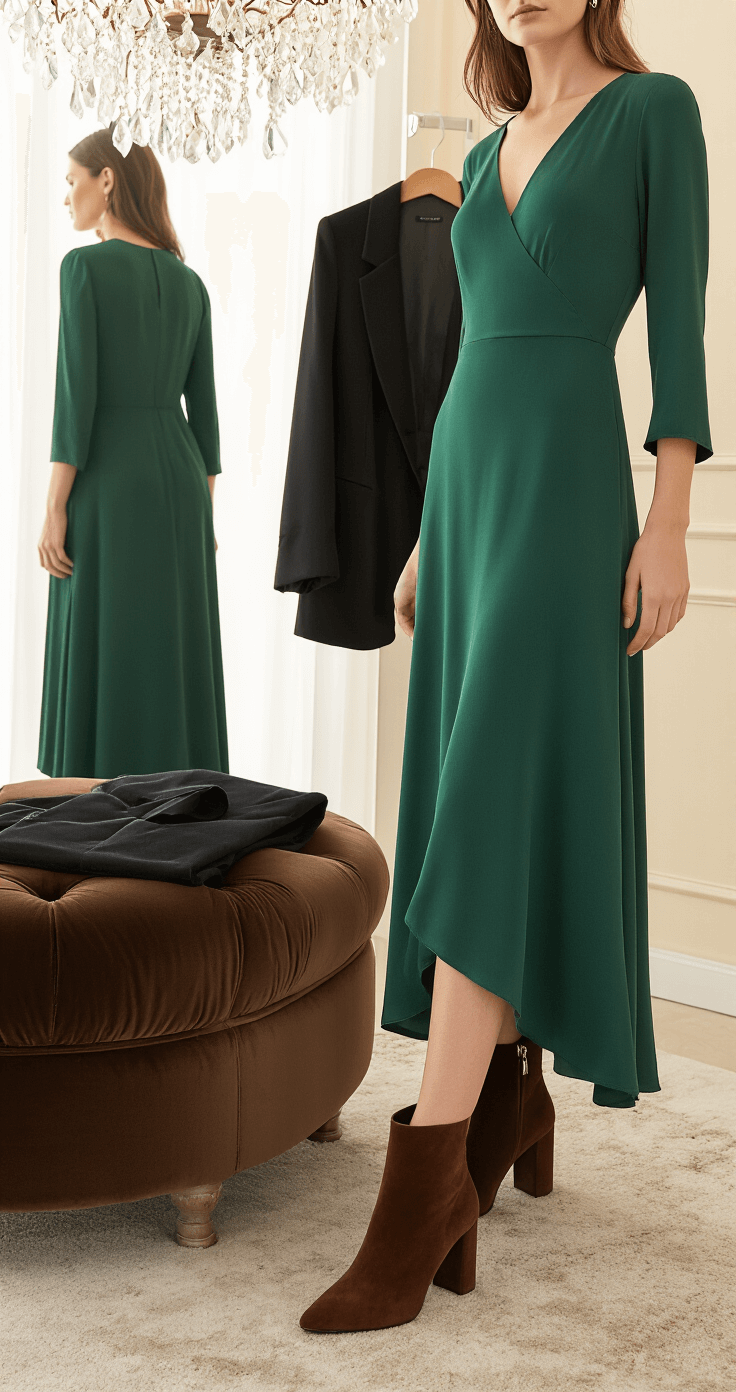 Your Perfect October Wedding Guest Outfit: Stay Stylish & Season-Appropriate A chic boutique dressing room bathed in diffused afternoon light, featuring a person styling a forest green crepe maxi dress with block-heeled chocolate suede ankle boots, a tailored black blazer on a velvet ottoman, and a sparkling crystal chandelier casting elegant light on the outfit.