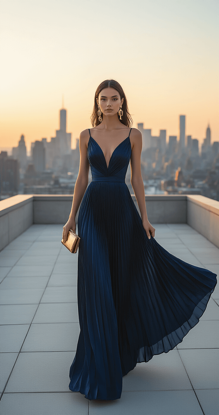 Your Perfect October Wedding Guest Outfit: Stay Stylish & Season-Appropriate Model in a navy blue structured satin dress with architectural pleating, accessorized with gold drop earrings and a metallic clutch, poses against a city skyline at sunset. The evening breeze gently moves the fabric, creating a sophisticated silhouette in natural backlighting.