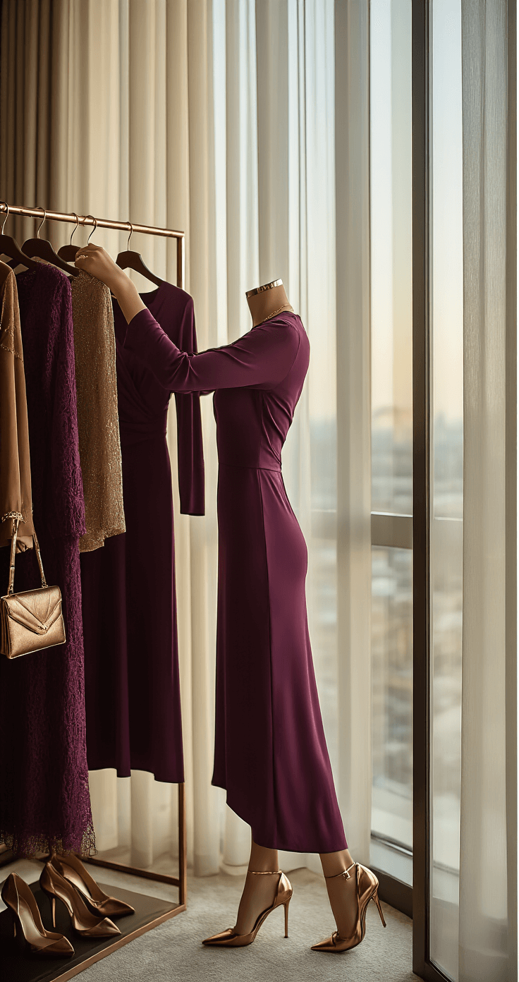 Your Perfect October Wedding Guest Outfit: Stay Stylish & Season-Appropriate Luxury hotel suite interior with floor-to-ceiling windows, featuring a subject arranging a rich plum long-sleeve dress on a designer wardrobe rack, surrounded by bronze heels, a structured metallic clutch, and minimal gold jewelry, with soft morning light filtering through sheer curtains, highlighting fabric texture and accessory arrangements.