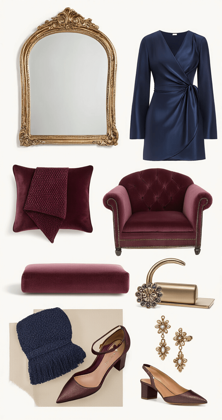 Your Perfect October Wedding Guest Outfit: Stay Stylish & Season-Appropriate Close-up flat lay of a sophisticated navy and burgundy outfit featuring a structured dress with a subtle sheen, alongside coordinating accessories including a jewel-toned wrap, bronze heels, and artisanal jewelry, all set in an intimate boutique with vintage mirrors and plush seating. Soft spotlight emphasizes the texture variations.