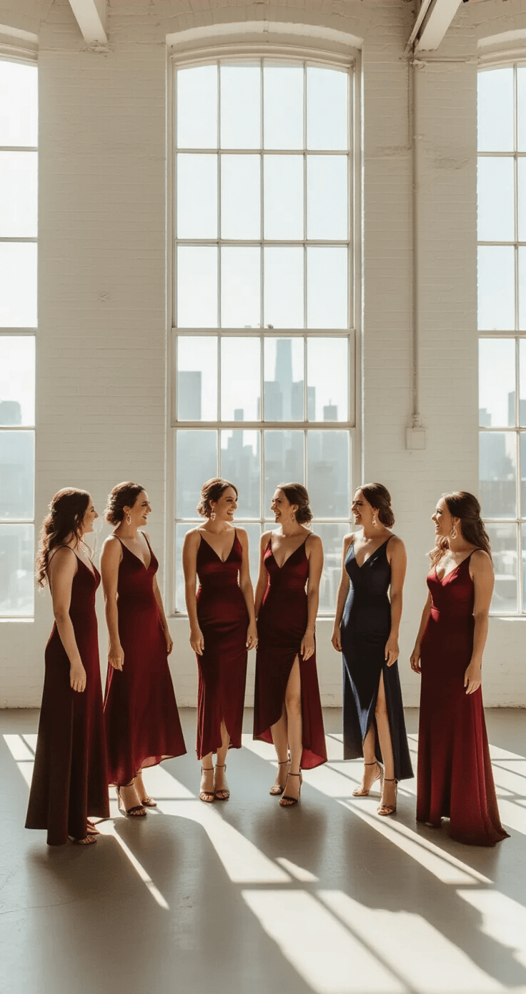 October Bridesmaid Dresses: Your Complete Guide to Fall Wedding Colors Bridesmaids in jewel-toned satin dresses laughing together in a bright white-brick loft, with floor-to-ceiling windows casting dramatic shadows.
