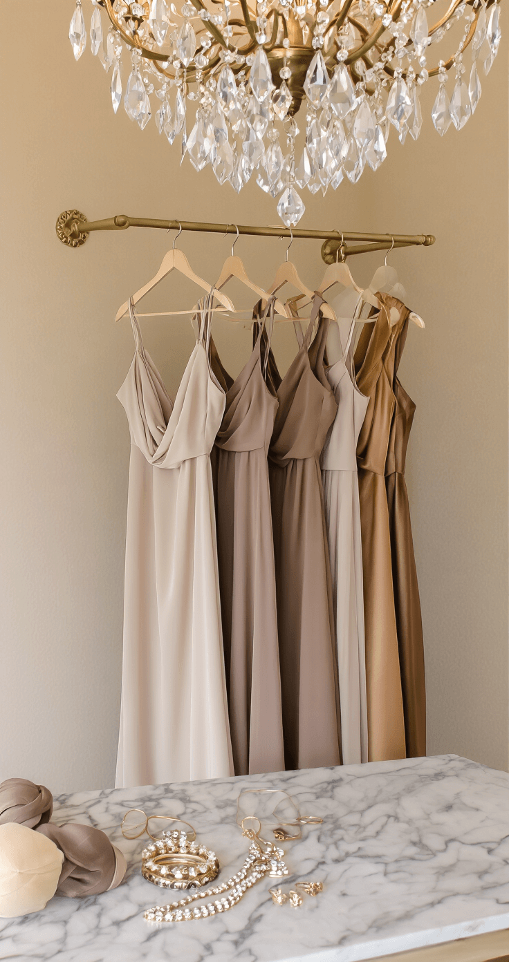 October Bridesmaid Dresses: Your Complete Guide to Fall Wedding Colors Close-up of elegant bridesmaid dress fabrics in mocha crepe, taupe chiffon, and bronze satin on vintage brass hangers, with sparkle from a crystal chandelier and artfully arranged jewelry on a marble surface in an intimate boutique fitting room.