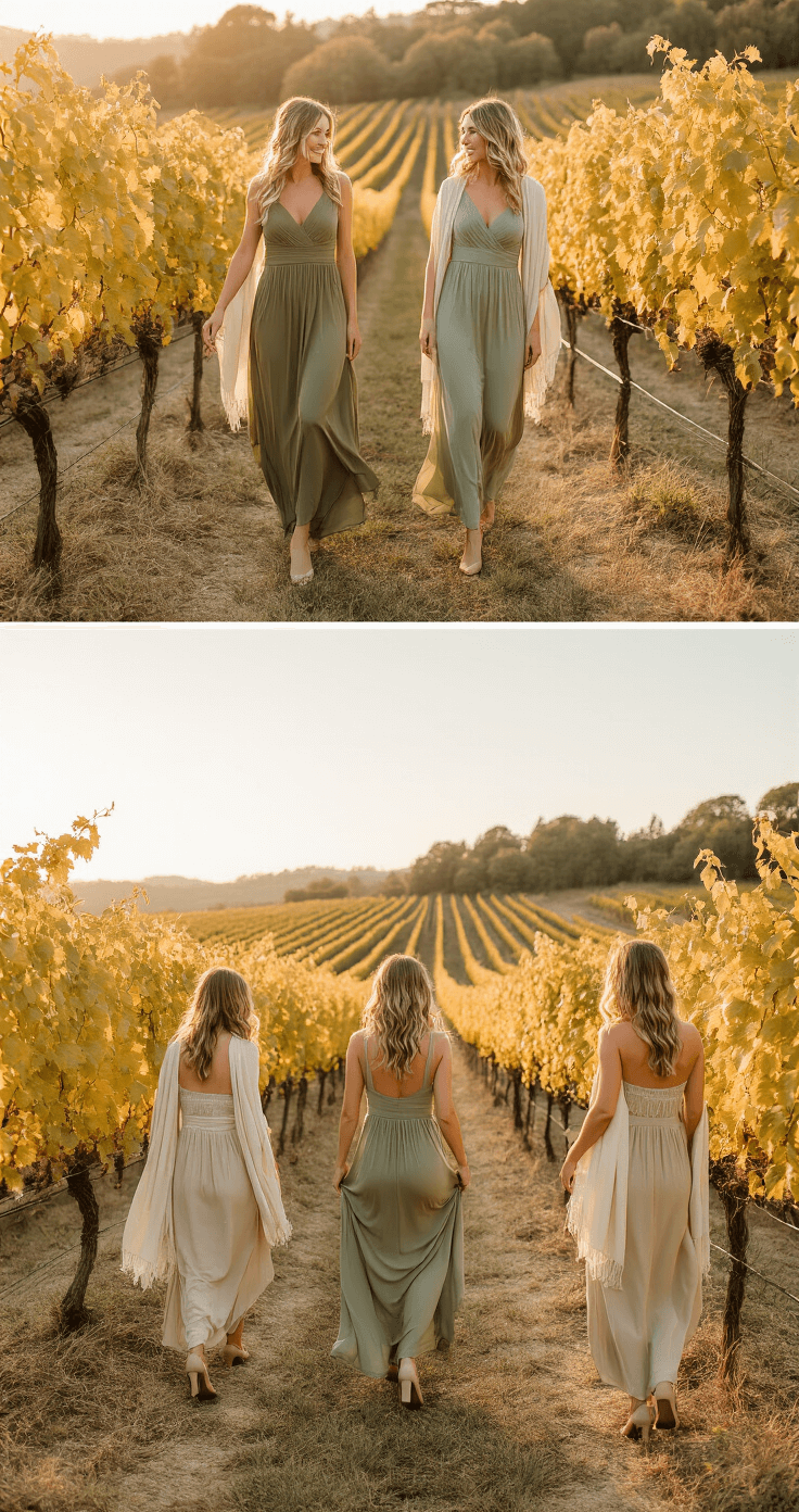October Bridesmaid Dresses: Your Complete Guide to Fall Wedding Colors Bridesmaids in flowing olive and sage chiffon dresses walk through a golden-leaved vineyard at sunset, soft cream pashminas draped over their shoulders, captured in a wide shot that compresses the rows of vines.