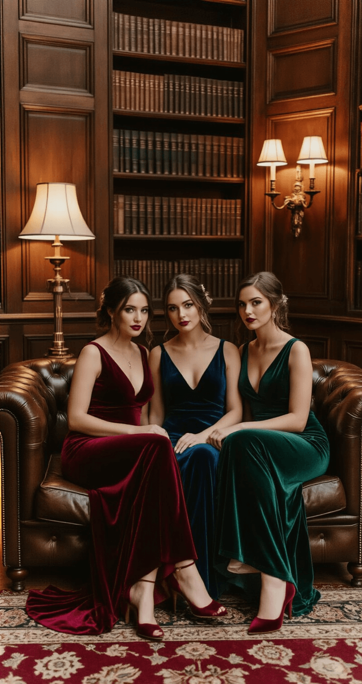 October Bridesmaid Dresses: Your Complete Guide to Fall Wedding Colors Three bridesmaids in rich velvet dresses lounge on a vintage leather chesterfield sofa in a cozy historic library, illuminated by warm library lamps. The dresses are burgundy, navy, and forest green, complemented by gold vintage-inspired accessories and deep burgundy velvet heels. The dark wood paneling adds to the intimate atmosphere, captured in rich color depth on 35mm film.