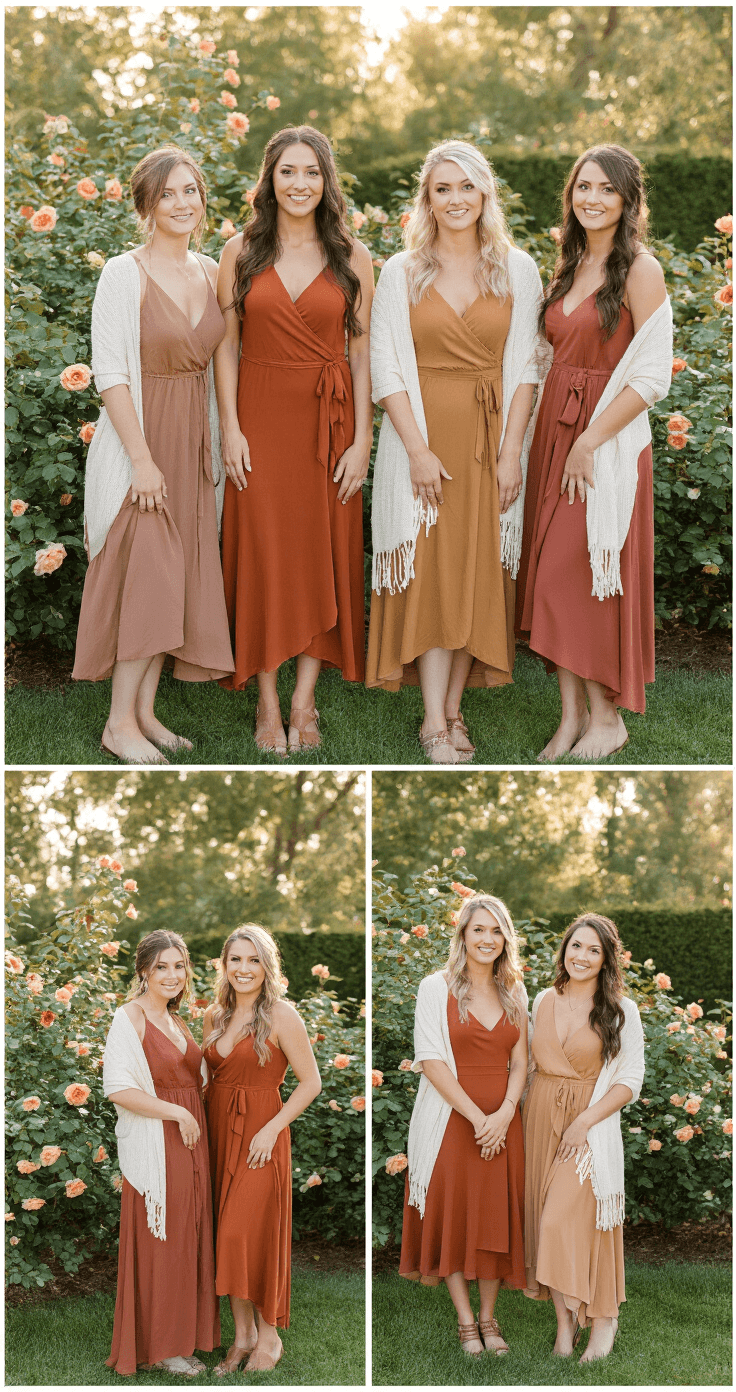 October Bridesmaid Dresses: Your Complete Guide to Fall Wedding Colors Full-length portrait of four bridesmaids in earthy-toned dresses—rust, cinnamon, terracotta, and bronze—in a manicured garden on a crisp October morning. Morning dew glistens on rose bushes behind them, as they wear asymmetrically draped ivory knit wraps and rose gold accessories that catch the soft sunlight. The natural poses highlight the movement of their dresses.
