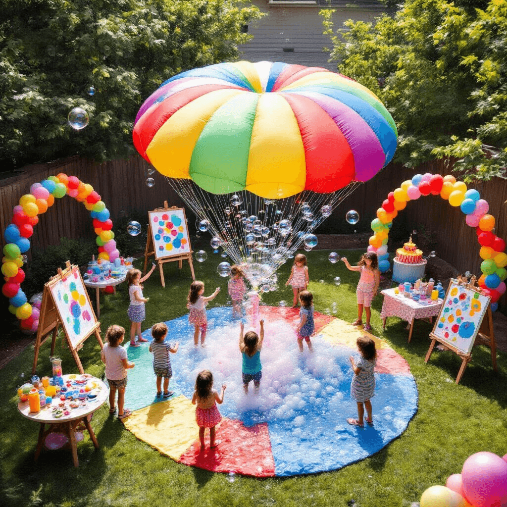 Bubble Birthday Party: The Ultimate Guide to Creating a Magical Celebration A vibrant overhead view of a child's birthday party featuring a colorful parachute play area surrounded by various bubble-themed activity stations, children running through bubbles, and festive decorations like balloon arches and a bold birthday cake.