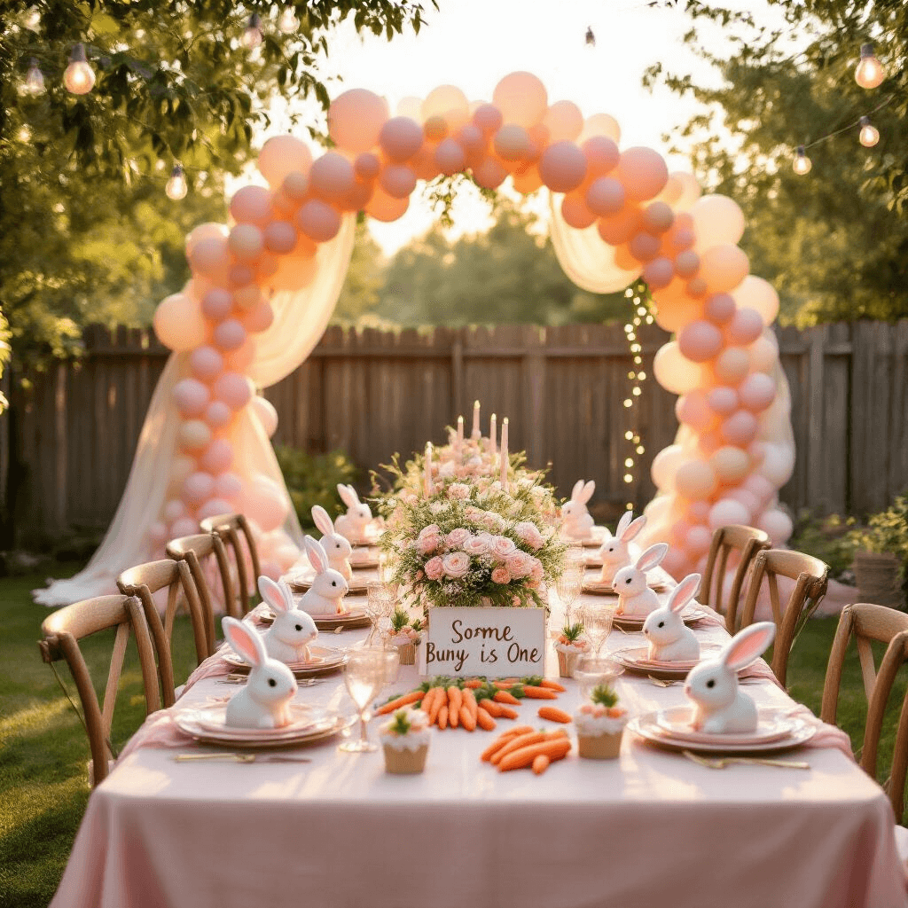 Some Bunny's Throwing the Cutest Birthday Party Ever! A lively backyard garden party during golden hour, featuring a long farmhouse table with soft pink linen, bunny-themed decorations, pastel balloon arches, floral centerpieces, bunny-shaped place settings, carrot-topped cupcakes, and twinkling fairy lights, all set against a rustic wooden fence backdrop.