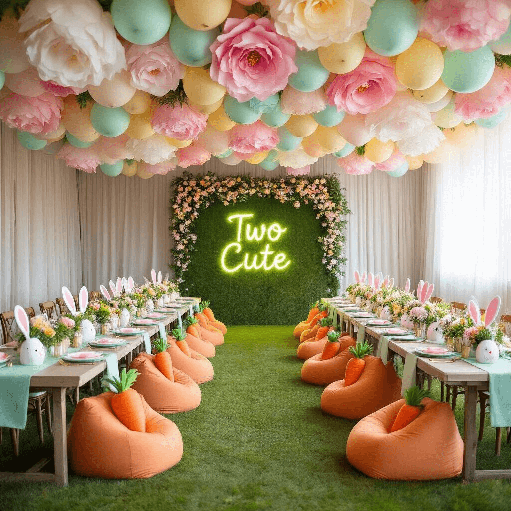 Some Bunny's Throwing the Cutest Birthday Party Ever! A whimsical indoor ballroom transformed into a spring meadow for a 'Some Bunny is Two' celebration, featuring oversized paper flowers, a pastel balloon canopy, mint green table runners, gold flatware, and bunny-shaped place card holders, with a 'grass' wall and neon 'Two Cute' sign surrounded by flower garlands, and playful giant carrot-shaped bean bags for seating, captured from an elevated angle in soft, diffused lighting.