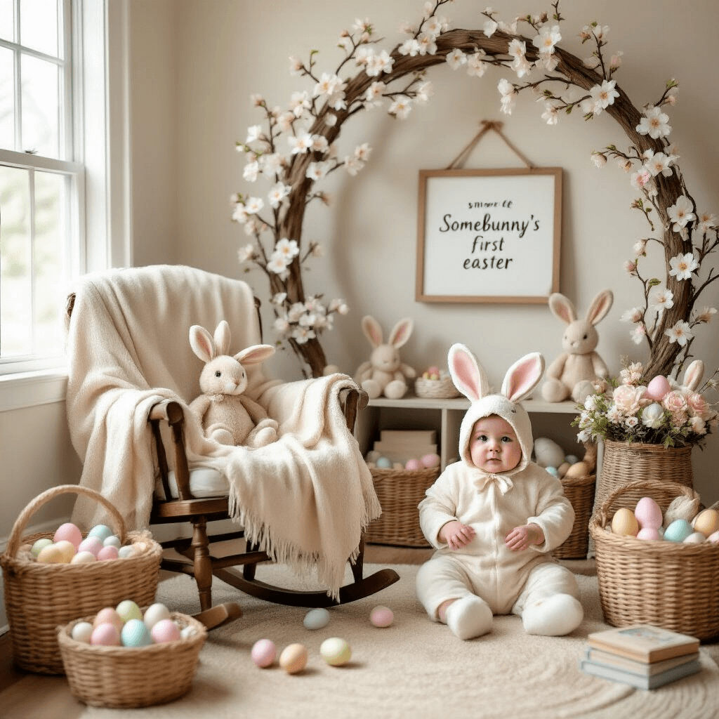 Some Bunny's Throwing the Cutest Birthday Party Ever! A cozy nursery scene for a 'Somebunny's First Easter' photo shoot, featuring a baby in a bunny costume sitting in a vintage rocking chair with a cream throw, surrounded by pastel eggs, plush bunnies, and faux cherry blossoms, illuminated by natural light.