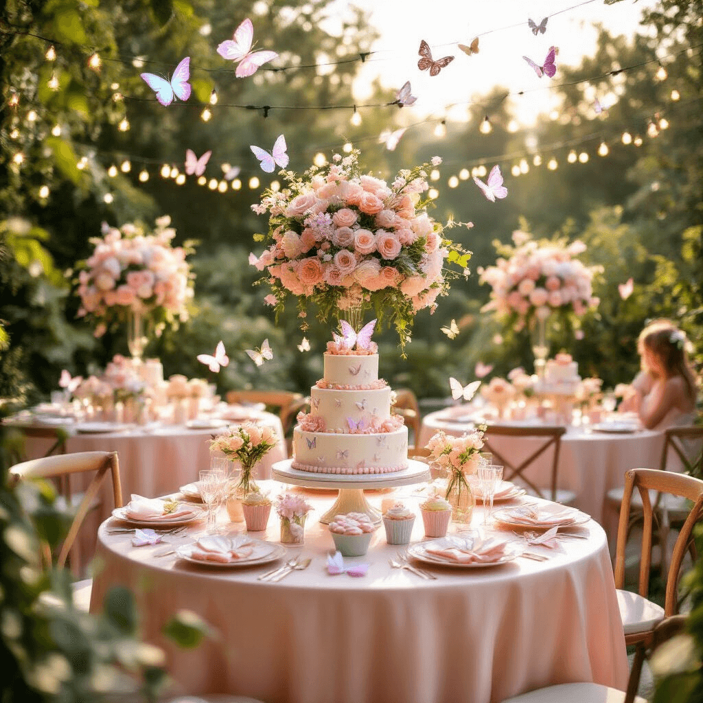 Butterfly Birthday Party: A Magical Celebration Guide for All Ages A sunlit garden terrace adorned for a butterfly-themed birthday celebration, featuring blush silk-draped tables with floral centerpieces and butterfly decorations, a dessert table with a tiered butterfly cake, and sparkling fairy lights creating a whimsical atmosphere during golden hour.