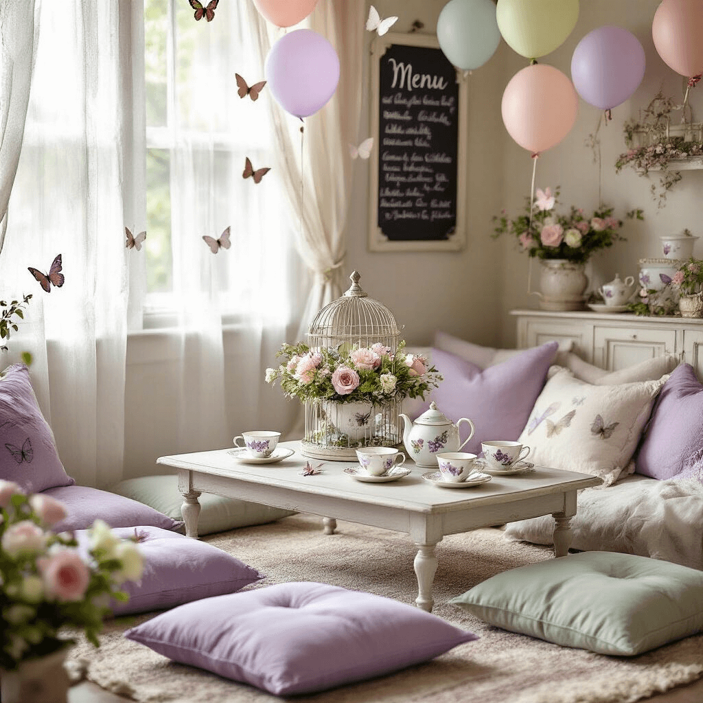 Butterfly Birthday Party: A Magical Celebration Guide for All Ages Cozy indoor living room set for a butterfly tea party, featuring soft morning light, plush floor cushions in lavender and sage, delicate butterfly-themed china, a floral birdcage centerpiece, pastel balloon garlands, and a hand-lettered chalkboard menu, all capturing a warm, inviting atmosphere.