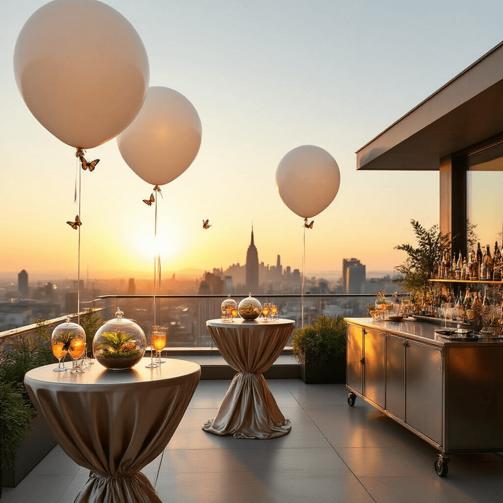 Butterfly Birthday Party: A Magical Celebration Guide for All Ages A modern rooftop terrace illuminated by a golden sunset, featuring high cocktail tables with metallic linens and glass terrariums filled with live butterflies. A sleek bar cart displays iridescent glassware and butterfly-themed cocktails, while oversized white balloons with butterfly silhouettes float in the air, all set against a stunning city skyline.