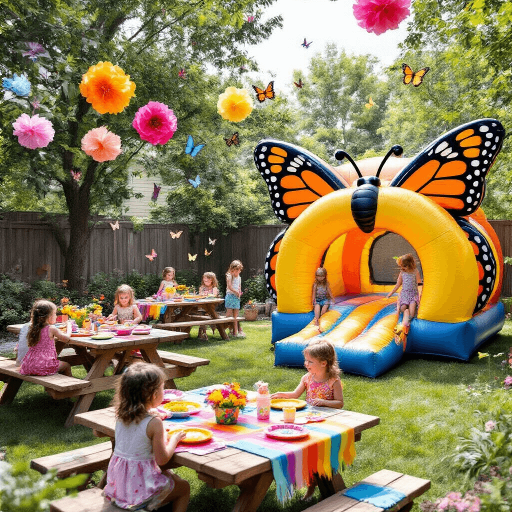 Butterfly Birthday Party: A Magical Celebration Guide for All Ages A vibrant backyard filled with colorful decorations for a child's butterfly birthday party, featuring a giant butterfly-shaped bounce house, picnic tables covered in rainbow linens and butterfly-shaped plates, a DIY butterfly feeding station, oversized tissue paper flowers, and children joyfully participating in butterfly-themed activities.