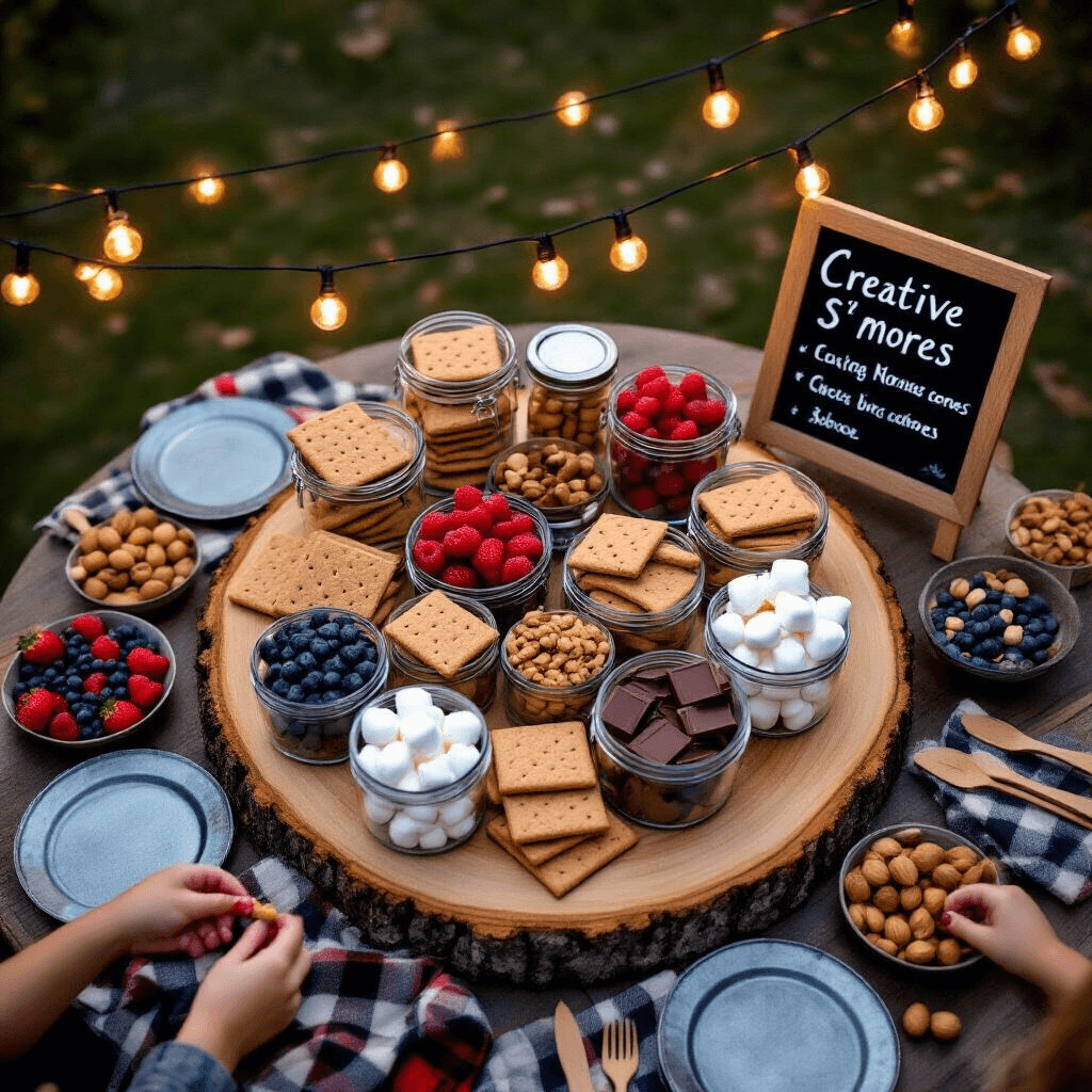 CAMPING BIRTHDAY PARTY: THE ULTIMATE OUTDOOR CELEBRATION GUIDE An overhead shot of a cozy s'mores bar at dusk, featuring a wood slice with jars of graham crackers, marshmallows, and chocolate, surrounded by vintage tin plates with berries and nuts, flannel napkins, and wooden utensils. String lights overhead create a warm ambiance, while a chalkboard sign lists s'mores combinations. Guests' hands reach for treats, adding liveliness to the scene.