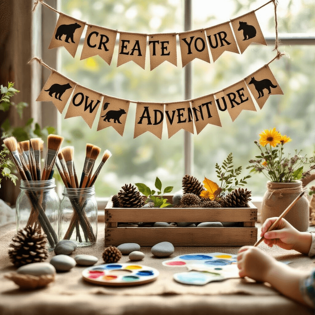 CAMPING BIRTHDAY PARTY: THE ULTIMATE OUTDOOR CELEBRATION GUIDE A cozy and well-lit craft station featuring a burlap-covered table with mason jars of paintbrushes, pinecones, and river rocks. Earthy-toned watercolor palettes are scattered nearby, and a wooden crate in the center holds dried flowers and leaves. Children's hands are seen painting a pinecone, while a 'Create Your Own Adventure' banner with woodland animal silhouettes hangs above.