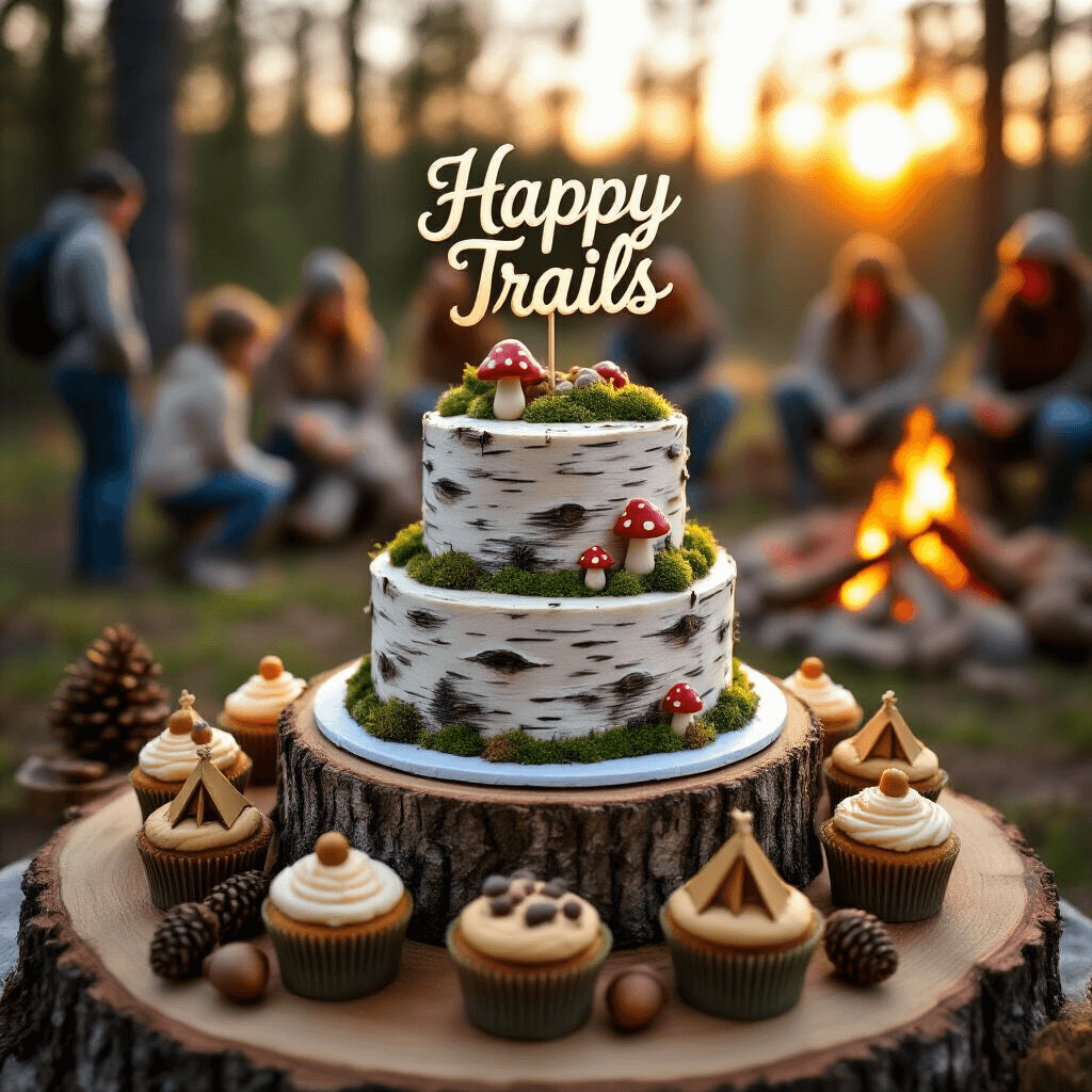 CAMPING BIRTHDAY PARTY: THE ULTIMATE OUTDOOR CELEBRATION GUIDE An intimate sunset view of a two-tier birthday cake designed to resemble birch logs, adorned with edible moss and fondant mushrooms, on a slice of tree trunk. Surrounded by earth-tone cupcakes resembling campfires, scattered pinecones, acorns, and chocolate tents, with a 'Happy Trails' gold script cake topper glimmering in the sun. Blurred guests gather around a campfire in the background, enhancing the atmosphere.