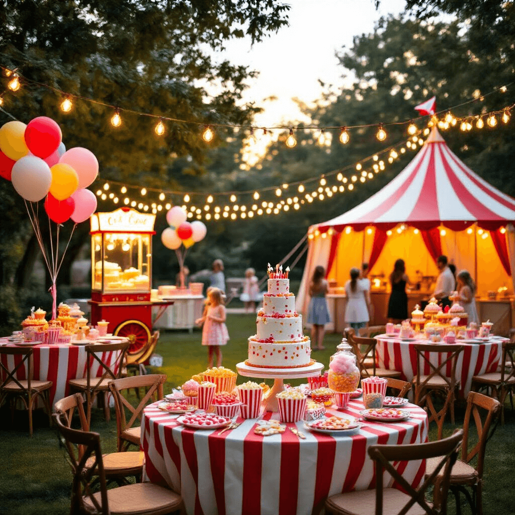Carnival Birthday Party: Your Ultimate Guide to a Show-Stopping Celebration! A whimsical carnival birthday party in a spacious backyard at golden hour, featuring a red and white striped tent, colorful balloon centerpieces on round tables, a glowing popcorn cart and cotton candy machine, children playing games, adults mingling near a vintage cocktail station, and fairy lights overhead, all centered around a towering circus-themed cake with themed cupcakes and candy jars.