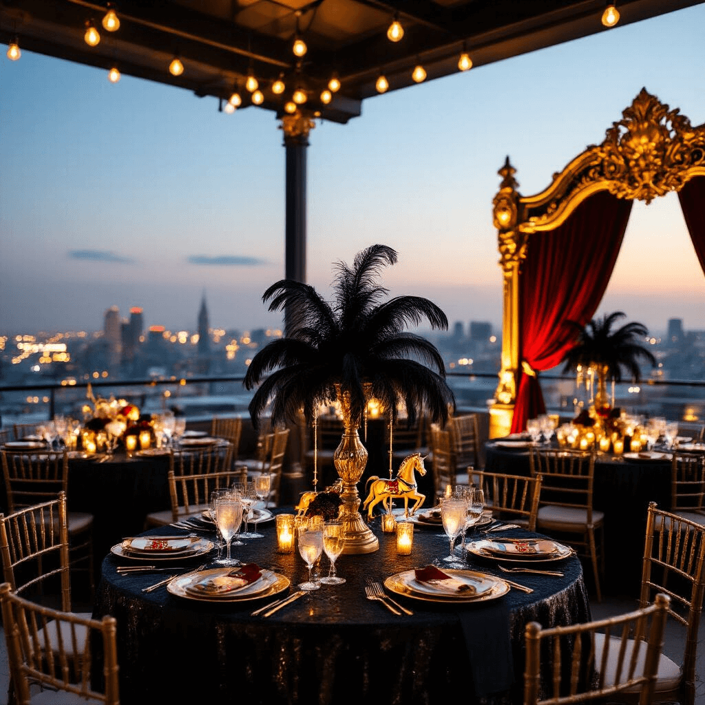 Carnival Birthday Party: Your Ultimate Guide to a Show-Stopping Celebration! An elegant carnival-themed soirée on a chic rooftop terrace at dusk, featuring black and gold decor with red accents, shimmering gold tables, black feather centerpieces, a vintage photo booth, servers in circus costumes, and soft candle and string light ambiance against a backdrop of city lights.