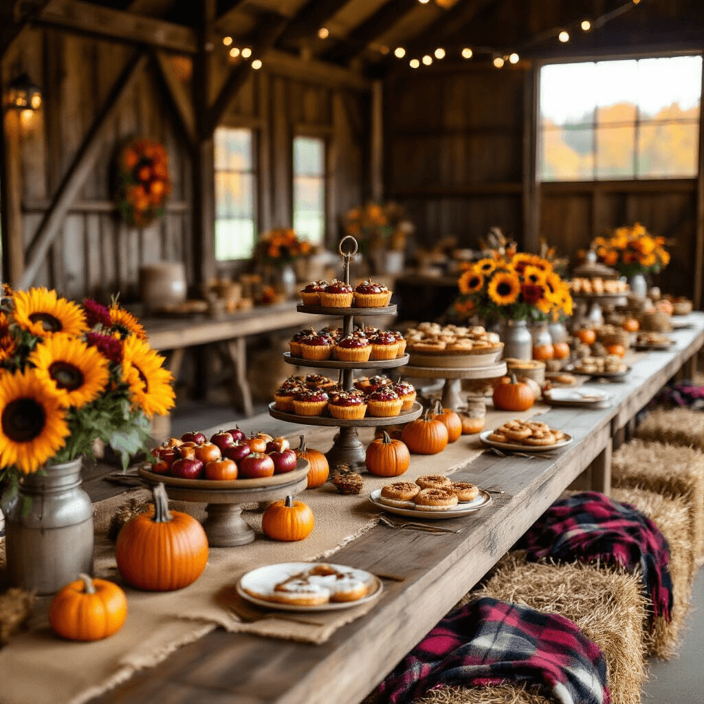 Carnival Birthday Party: Your Ultimate Guide to a Show-Stopping Celebration! A close-up of a cozy fall carnival dessert table in a rustic barn, featuring a tiered display of caramel apples, pumpkin pies, and cinnamon donuts, surrounded by warm autumn hues, mini pumpkins, and mason jars with sunflowers.