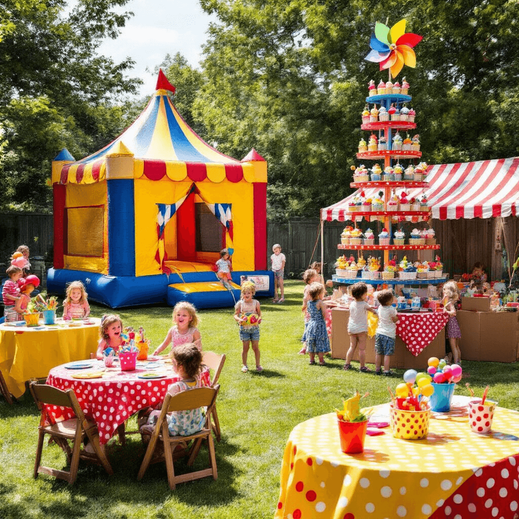 Carnival Birthday Party: Your Ultimate Guide to a Show-Stopping Celebration! A lively backyard carnival party for kids, showcasing a bounce house, colorful game booths, vibrant tables with polka dot cloths, a face painting station, and a cupcake display resembling a Ferris wheel, all filled with laughing children enjoying the festivities.