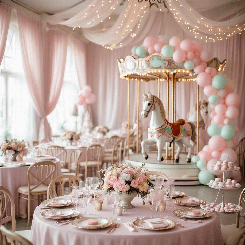Carnival Birthday Party: Your Ultimate Guide to a Show-Stopping Celebration! A pastel-themed indoor carnival celebration in a light-filled ballroom, featuring sheer drapery, twinkling fairy lights, round tables with floral centerpieces, a vintage carousel horse with a balloon arch, and a dessert cart with cotton candy and macarons.