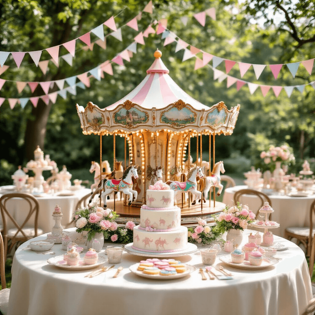 Magical Carousel Birthday Party: Your Ultimate Guide to a Whimsical Celebration A whimsical carousel-themed birthday party in a sunlit garden, featuring a vintage carousel centerpiece with pastel pink and gold, surrounded by ivory-draped tables with carousel horse figurines and floral arrangements, adorned with fairy lights and pennant banners, and a dessert table displaying a tiered cake with carousel designs.