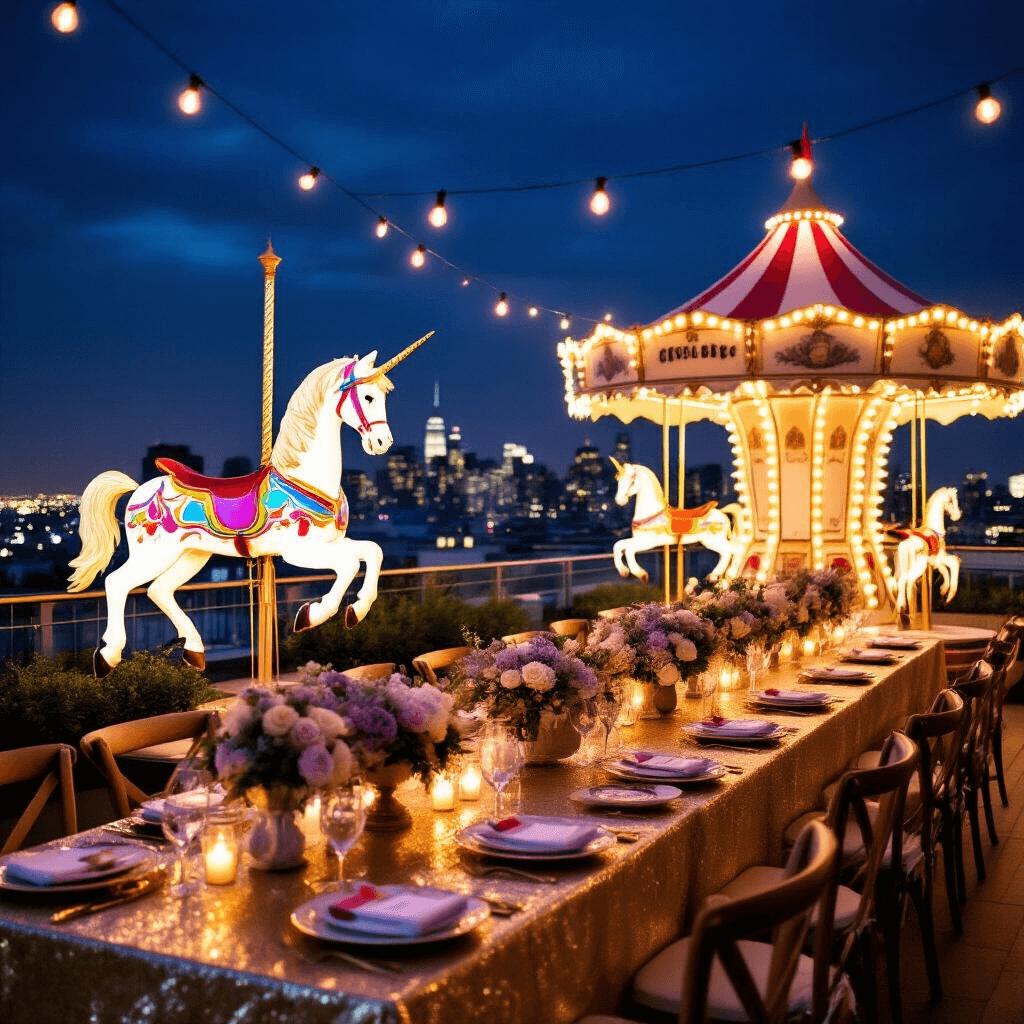Magical Carousel Birthday Party: Your Ultimate Guide to a Whimsical Celebration An enchanting rooftop carousel party at night, featuring twinkling fairy lights, oversized carousel horse silhouettes, long tables with gold linens, vintage music box centerpieces, soft lavender and cream floral arrangements, and a whimsical ticket booth backdrop against the city skyline.