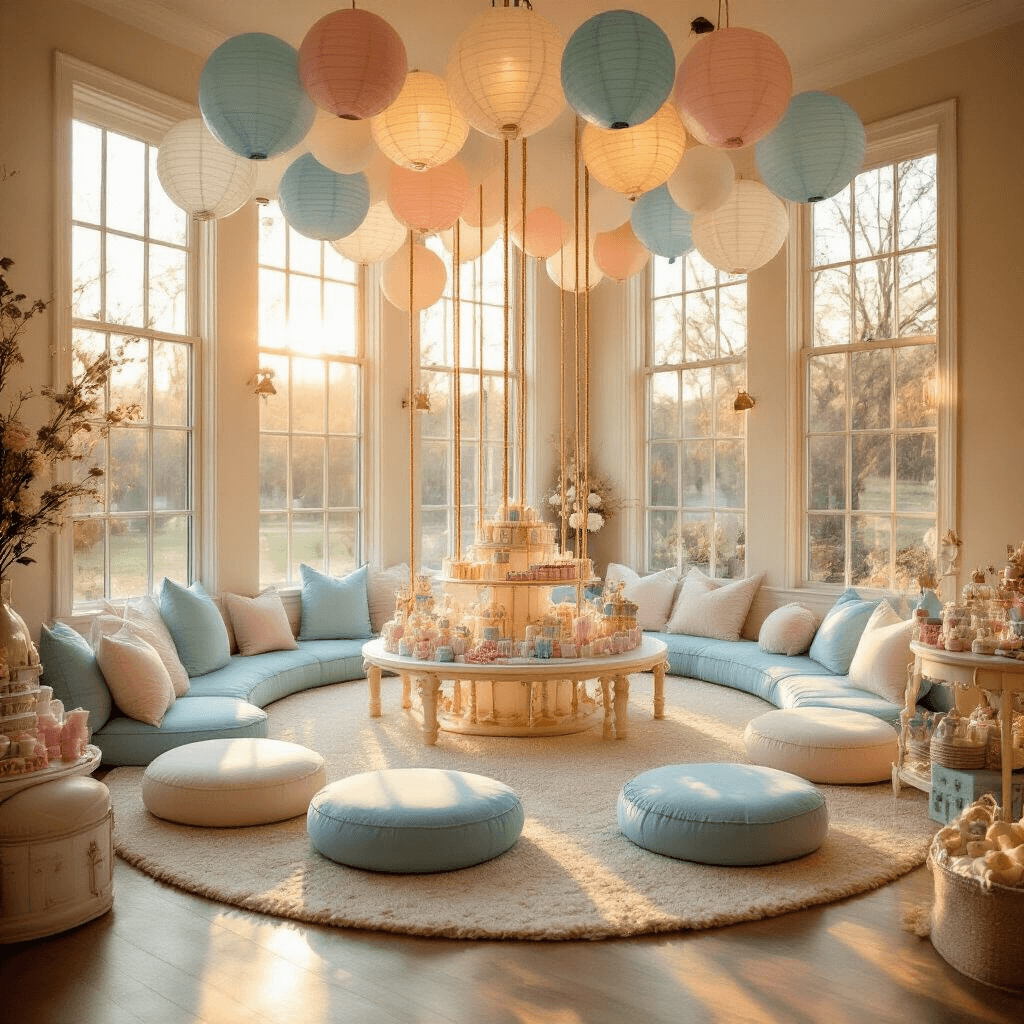 Magical Carousel Birthday Party: Your Ultimate Guide to a Whimsical Celebration A cozy indoor celebration with a carousel theme, featuring low tables and plush cushions in baby blue and white, oversized pastel balloons and paper lanterns overhead, a DIY candy floss station in one corner, and a gift table adorned with carousel-inspired decor, all bathed in warm, golden hour light.