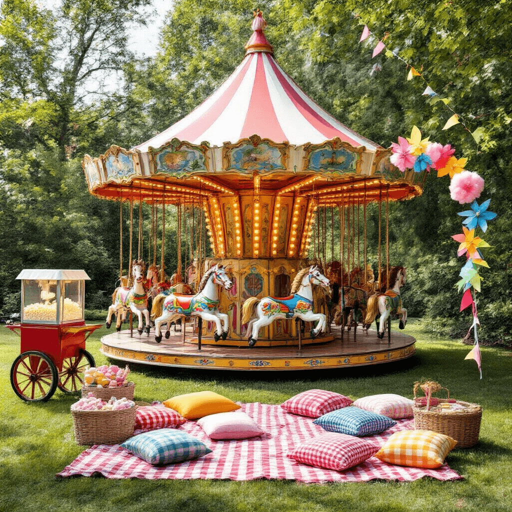 Magical Carousel Birthday Party: Your Ultimate Guide to a Whimsical Celebration A vibrant outdoor carousel party in a lush backyard, featuring a large custom-built carousel, colorful horses, picnic seating with gingham blankets, carnival-themed pillows, a popcorn cart, cotton candy machine, oversized pinwheels, colorful streamers, and a balloon arch, all captured in a bright midday sun.