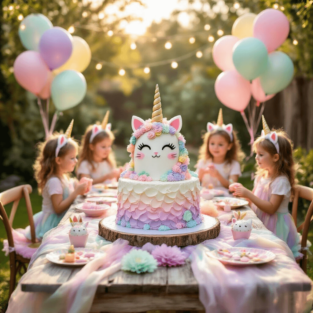 Meow-gical Caticorn Birthday Party: The Ultimate Guide to a Purr-fectly Enchanting Celebration! A whimsical caticorn-themed birthday party in a sun-drenched backyard featuring a pastel dreamscape with an elaborate caticorn cake on a rustic wooden table, surrounded by rainbow balloons, handmade paper flowers, and children wearing unicorn horns and cat ears playing under twinkling fairy lights in golden hour lighting.
