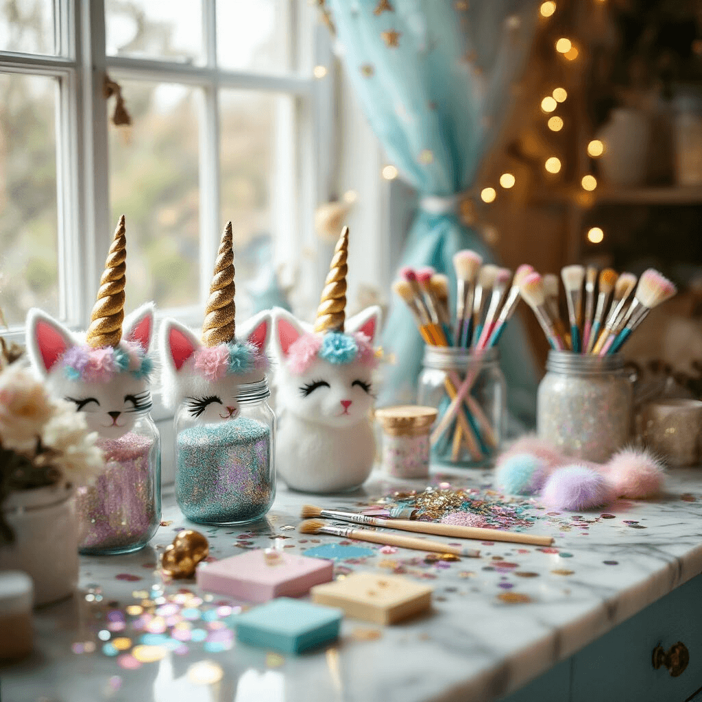 Meow-gical Caticorn Birthday Party: The Ultimate Guide to a Purr-fectly Enchanting Celebration! Close-up of a DIY decoration station featuring glittery unicorn horns, pastel cat ears, and iridescent confetti on a marble countertop, illuminated by soft window light. Vintage mason jars filled with paint brushes and colorful markers complement the scene, with a sheer curtain of fairy lights in the background, creating a cozy, magical atmosphere.