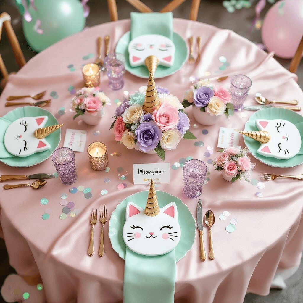 Meow-gical Caticorn Birthday Party: The Ultimate Guide to a Purr-fectly Enchanting Celebration! Overhead view of a caticorn party tablescape featuring a blush pink silk tablecloth, mint green and lavender place settings with whimsical cat-shaped plates topped with unicorn horns, pastel DIY paper flower centerpieces, glittering candle holders, and 'meow-gical' place cards, framed by balloon garlands and shimmering streamers.