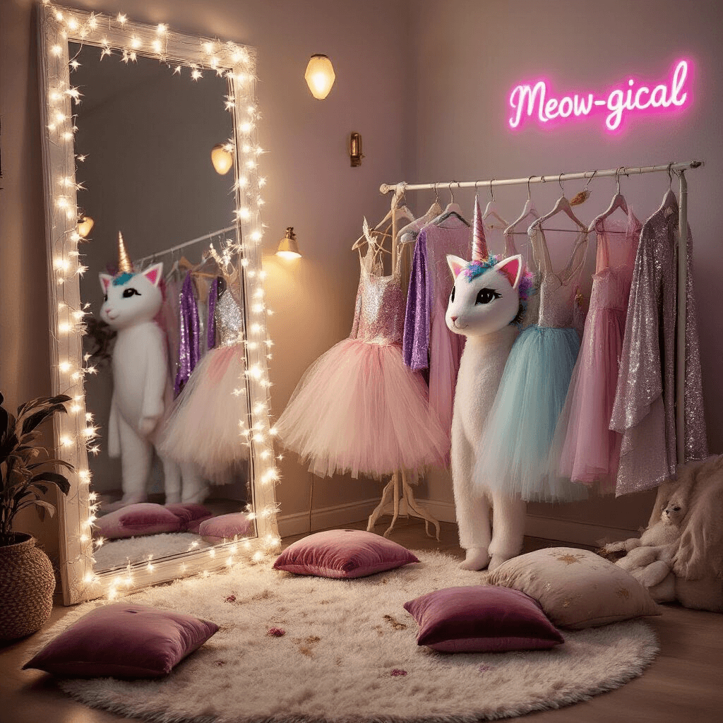 Meow-gical Caticorn Birthday Party: The Ultimate Guide to a Purr-fectly Enchanting Celebration! A whimsical caticorn costume dress-up corner in a modern apartment, featuring a full-length mirror with twinkling lights, vintage clothing rack with pastel tutus and sequined capes, cozy plush rug with cushions, warm ambient lighting, and a neon 'Meow-gical' sign.