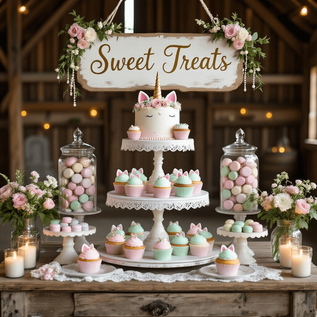 Meow-gical Caticorn Birthday Party: The Ultimate Guide to a Purr-fectly Enchanting Celebration! An ornate caticorn-themed dessert cart in a rustic barn, featuring pastel-frosted cupcakes with fondant cat ears and unicorn horns, colorful macarons in glass jars, glittery cake pops, and a 'Sweet Treats' sign, all illuminated by soft candlelight and adorned with fresh flowers.