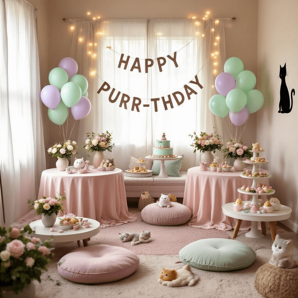 The Purr-fect Party: Crafting an Unforgettable Cat Birthday Celebration A whimsical cat birthday celebration in a cozy living room, featuring pastel decor, balloon bouquets, a 'Happy Purr-thday' banner, a dessert cart with cat-shaped treats, floor cushions, floral centerpieces in cat planters, fairy lights, and a tiered fish-shaped birthday cake surrounded by cat toy party favors.