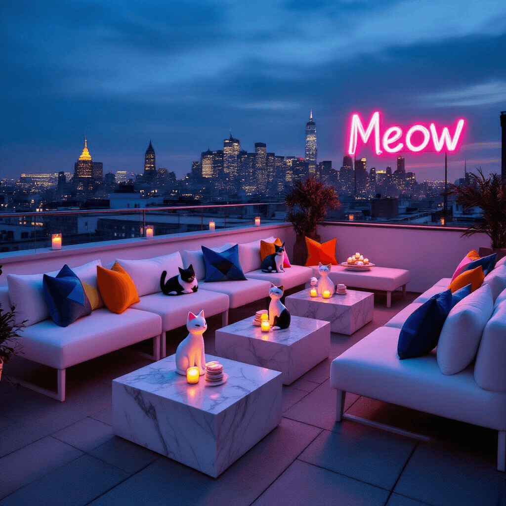 The Purr-fect Party: Crafting an Unforgettable Cat Birthday Celebration A chic rooftop terrace at night, featuring minimalist white lounge furniture and bold primary color cat-themed decor, with a neon 'Meow' sign, city skyline backdrop, and a dessert station of cat-themed macarons.