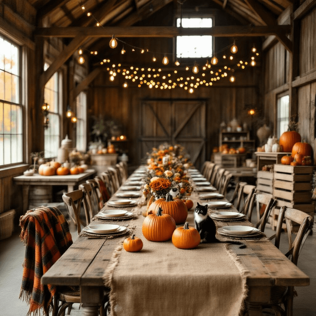 The Purr-fect Party: Crafting an Unforgettable Cat Birthday Celebration A rustic barn interior styled for a cat-lovers' autumn gathering, featuring long wooden tables with burlap runners, pumpkin centerpieces with cat silhouettes, cozy plaid throw blankets over vintage chairs, and soft fairy lights illuminating the warm, inviting space.