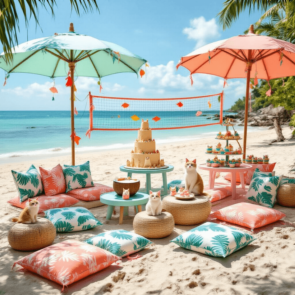 The Purr-fect Party: Crafting an Unforgettable Cat Birthday Celebration A whimsical beachfront setup for a summer kitty celebration featuring low aqua and coral tables with floor cushions, tropical leaf-print linens, cat-shaped coconut cups, a sandcastle cake with tiny cat figurines, oversized beach umbrellas with fish-shaped wind chimes, and a volleyball net decorated with streamers and cat-shaped balloons.