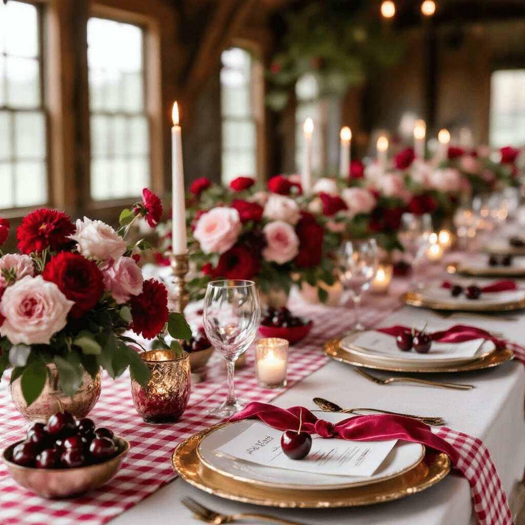 Cherry Birthday Bash: A Sweet and Stylish Party Guide An elegantly set cherry-themed birthday dinner table featuring a white linen tablecloth, red gingham runner, gold-rimmed plates with cherries and name cards, lush floral centerpieces in blush pink and deep red, mercury glass votives, and warm candlelight ambiance.