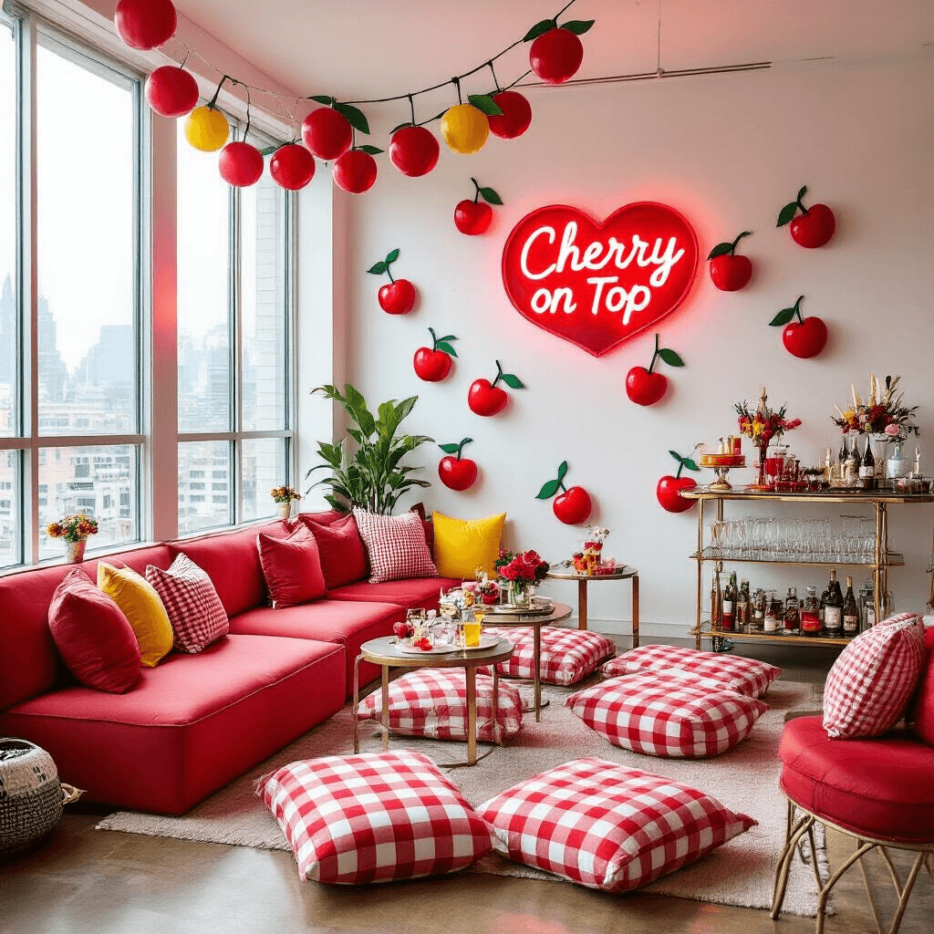 Cherry Birthday Bash: A Sweet and Stylish Party Guide A stylish modern apartment transformed for a retro-inspired cherry birthday bash, featuring cherry red and crisp white decor, a giant DIY cherry garland, a neon 'Cherry on Top' sign, plush gingham floor cushions, and a bar cart with cherry-themed cocktails, all lit by natural light streaming through large windows.