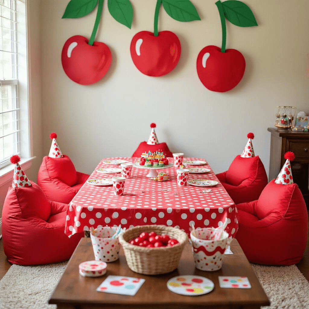 Cherry Birthday Bash: A Sweet and Stylish Party Guide A colorful children's birthday celebration featuring a cherry theme in a cozy living room, with a red and white polka dot tablecloth on a low table set for little guests, surrounded by cherry-shaped beanbag chairs with party hats, a backdrop of oversized paper cherries and leaves, and a coffee table turned craft station, all captured from an overhead view.