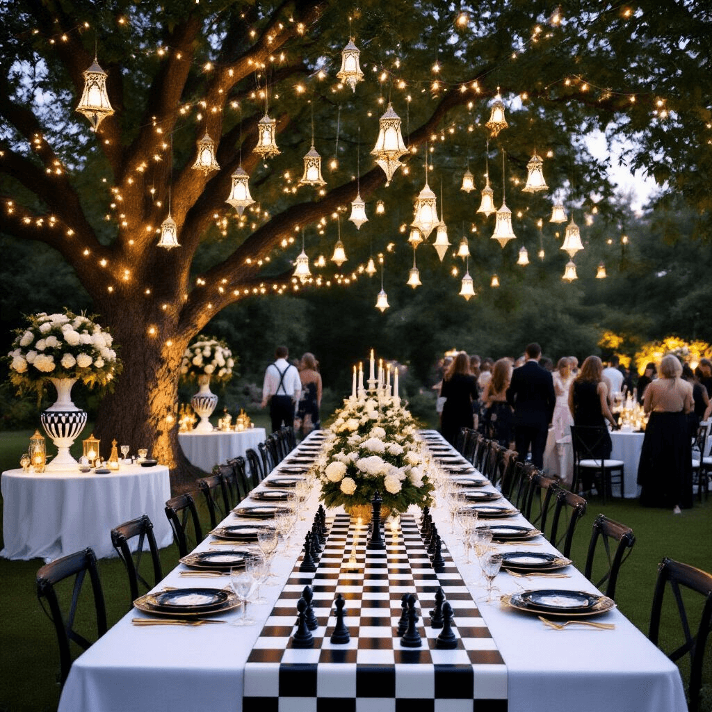 Chess Birthday Party: A Strategic Celebration of Fun and Elegance An elegant outdoor garden party at dusk, featuring a long banquet table adorned with a hand-painted chessboard runner, alternating black and white place settings with gold cutlery and crystal stemware, surrounded by towering floral arrangements in black and white vases, guests mingling around cocktail tables with mini chess sets, and a nearby tree displaying whimsical hanging chess pieces illuminated by fairy lights and lanterns.