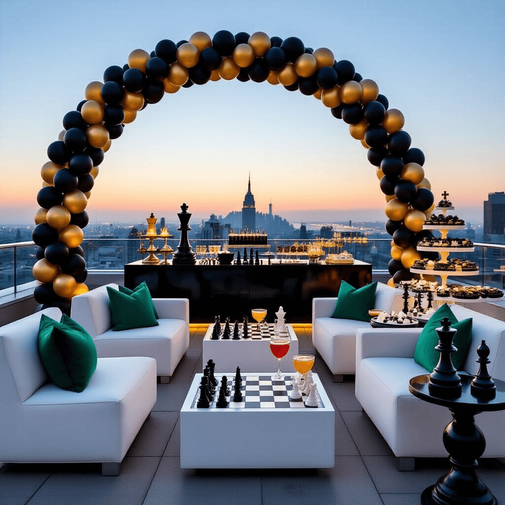 Chess Birthday Party: A Strategic Celebration of Fun and Elegance A stylish rooftop terrace party at twilight with sleek white lounge furniture, low tables with built-in chessboards, emerald green and royal blue accent pillows, a dramatic black and gold balloon arch, oversized chess pieces as art, a bar serving chess-themed cocktails in pawn and knight glasses, and a dessert station featuring chess-inspired treats like black and white macarons and chocolate truffles.