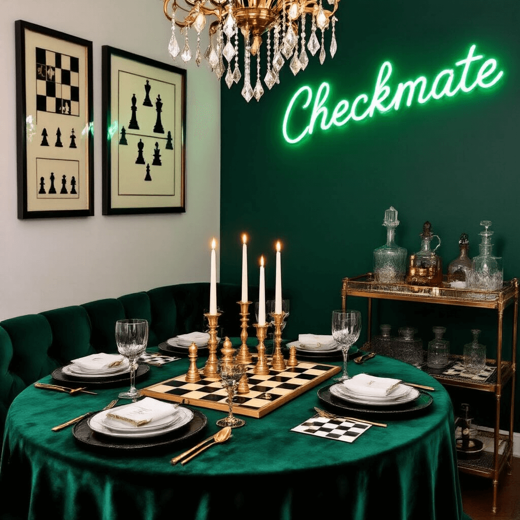Chess Birthday Party: A Strategic Celebration of Fun and Elegance An elegantly decorated dining nook inspired by The Queen's Gambit, featuring a rich emerald velvet tablecloth, a chessboard runner, gold-dipped chess pieces, taper candles, and sophisticated place settings. A modern chandelier with chess piece-shaped pendants hangs above, while a bar cart displays vintage decanters and chess-themed coasters. The walls showcase framed chess strategy diagrams and a neon 'Checkmate' sign in cursive.
