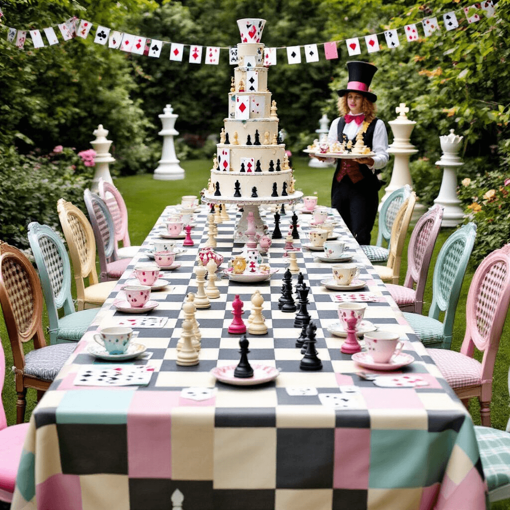 Chess Birthday Party: A Strategic Celebration of Fun and Elegance A whimsical garden party inspired by Alice in Wonderland, featuring a long table with a chessboard-patterned tablecloth, mismatched chairs, teacups, oversized playing cards, and a towering cake decorated with chess pieces, set among giant chess pieces and bunting.