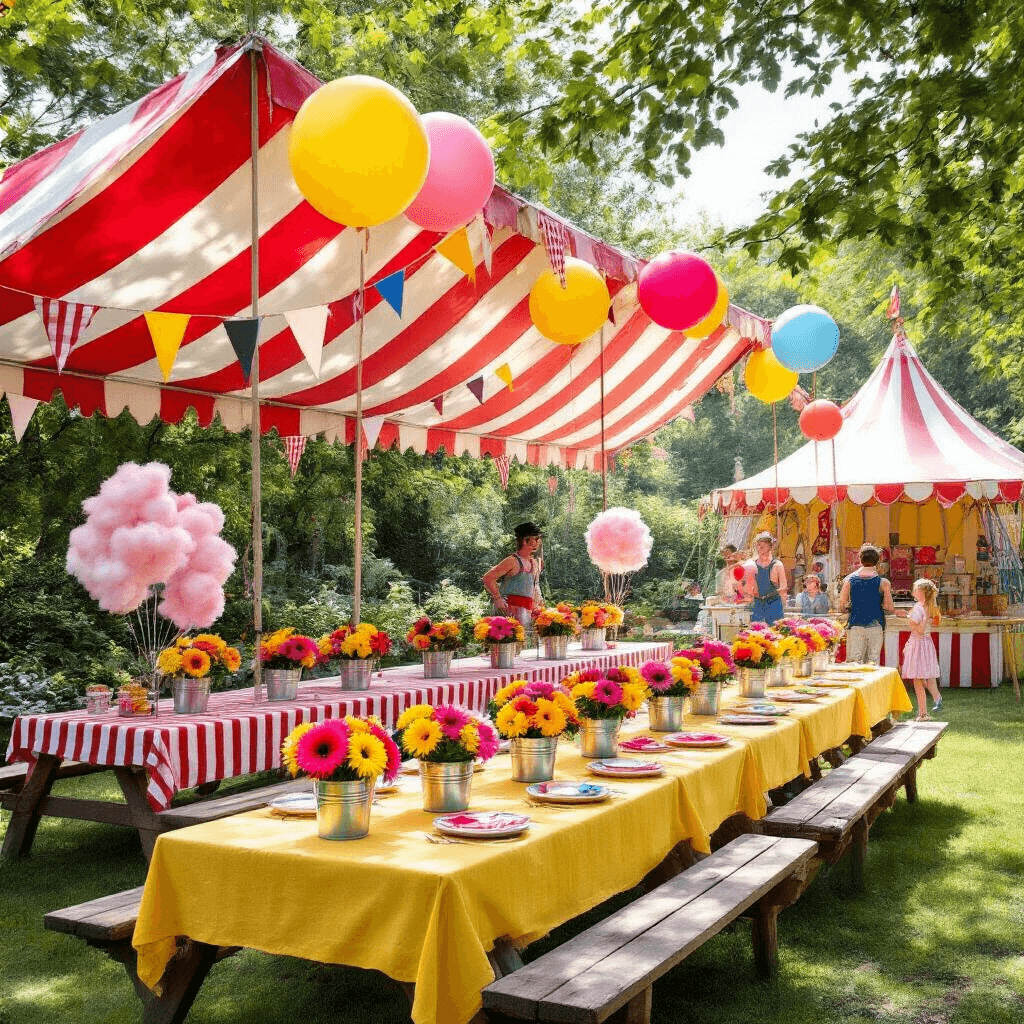 Throw the Ultimate Circus Birthday Bash: A Complete Guide to a Magical Kids' Party A vibrant circus-themed garden party featuring red and white striped canopies, yellow picnic tables with colorful gerbera daisies, oversized balloons, and a joyful atmosphere with children enjoying face painting, a cotton candy machine, and a juggler, all set in a lush garden with dappled sunlight.