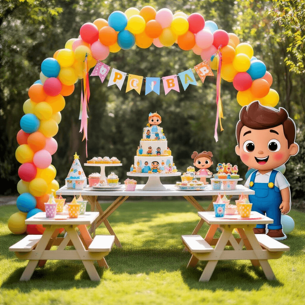 Ultimate Cocomelon Birthday Party Guide: Create a Magical Celebration for Your Little One A vibrant Cocomelon-themed birthday party setup in a sunlit backyard featuring a colorful balloon arch, a tiered cake with fondant characters, character-themed cupcakes, and cookies on a dessert table, with mini picnic tables set with bright tableware and Cocomelon party hats, complemented by streamers, banners, and a life-sized JJ cutout.