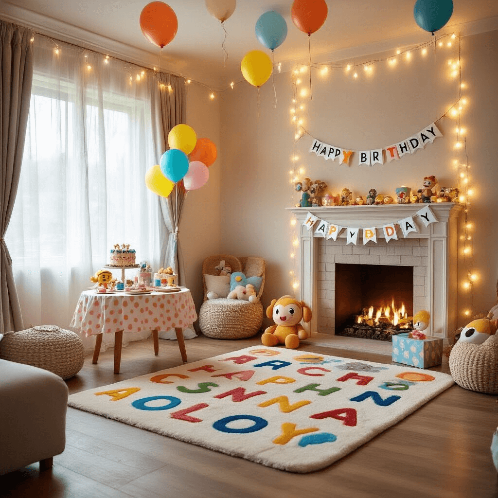 Ultimate Cocomelon Birthday Party Guide: Create a Magical Celebration for Your Little One A cozy living room decorated for a Cocomelon birthday celebration, featuring a plush alphabet rug, a 'Happy Birthday' banner, colorful balloons, a small cake table with a polka dot tablecloth, fairy lights overhead, and Cocomelon plush toys placed around the room.