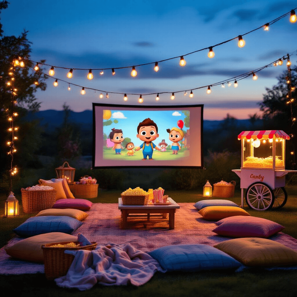Ultimate Cocomelon Birthday Party Guide: Create a Magical Celebration for Your Little One A cozy outdoor Cocomelon movie night setup at twilight, featuring string lights and lanterns, colorful cushions, a large projection screen showing a paused episode, a decorated popcorn cart, a candy station with character cutouts, and a picnic basket filled with blankets, all illuminated in a magical blue hour glow.