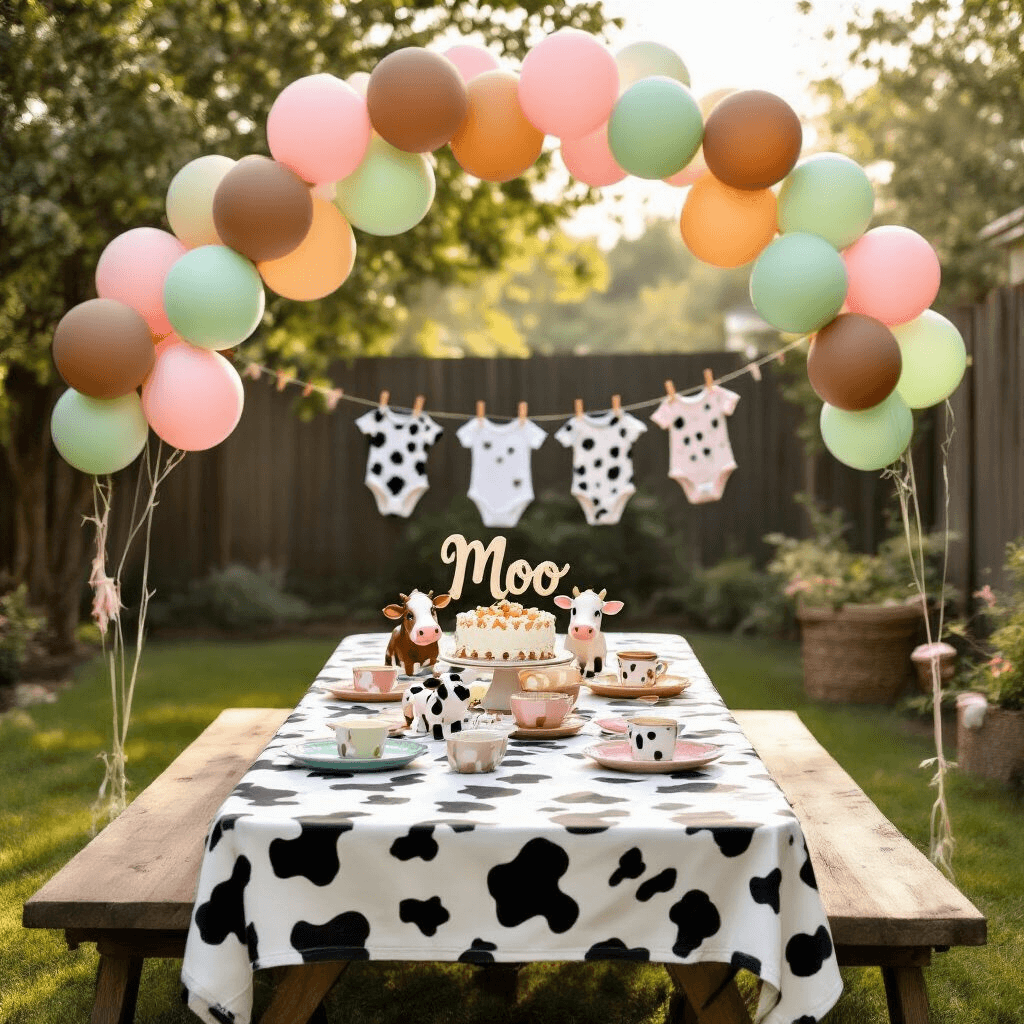 Moo-velous Cow Birthday Party: The Ultimate Guide to Throwing a Farmyard Bash! Charming backyard birthday scene with a picnic table draped in a cow print tablecloth, adorned with colorful balloons, farm animal figurines, cow-themed plates, and a 'Moo' cake topper, framed by a DIY balloon arch and a clothesline of cow-print onesies in soft morning light.
